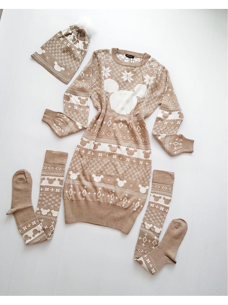 Compleu dama ieftin din tricot crem minunat compus din rochie, caciula si jambiere Craciun Head