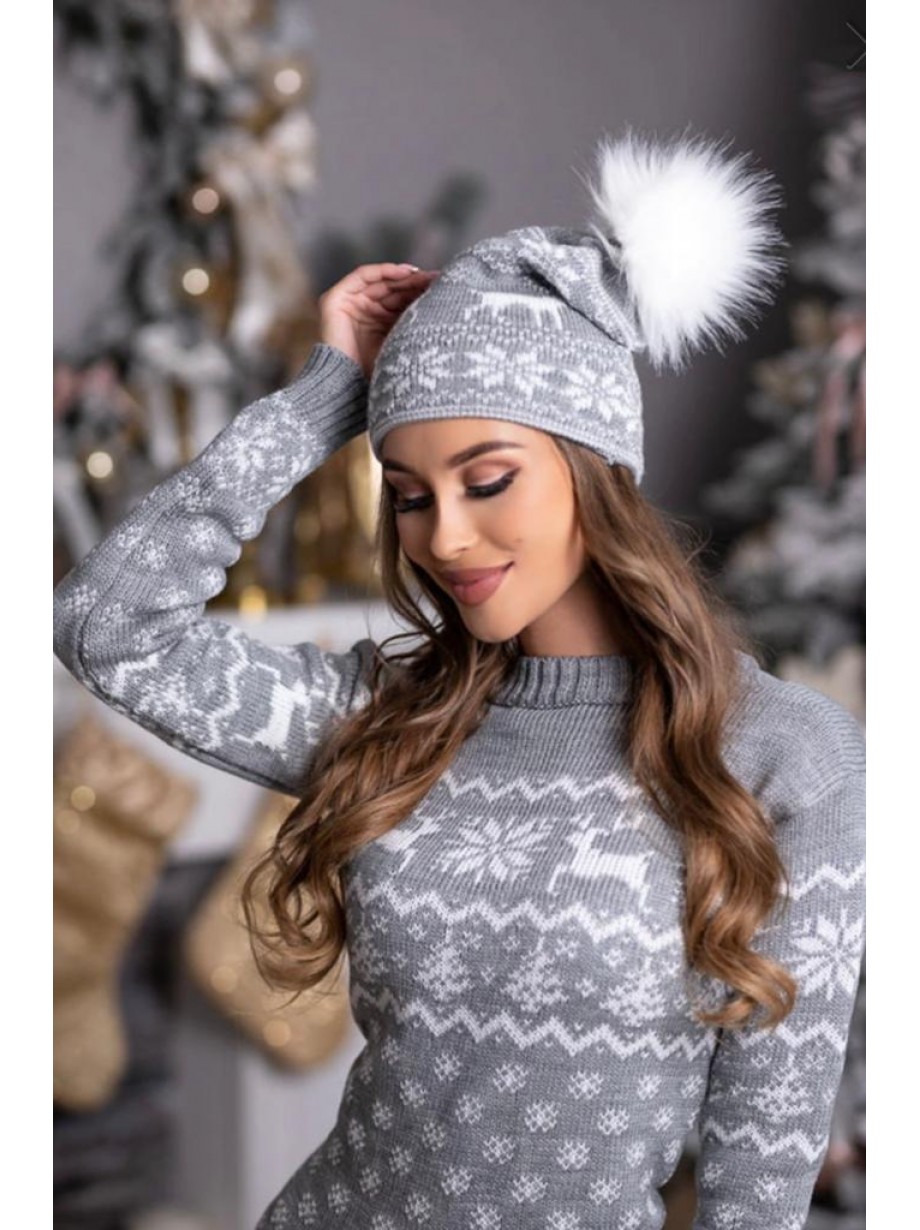 Compleu dama ieftin din tricot gri minunat compus din rochie, caciula si jambiere Craciun Xmas