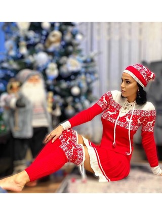 Compleu dama ieftin din tricot rosu minunat compus din rochie, caciula si jambiere Craciun cu snur