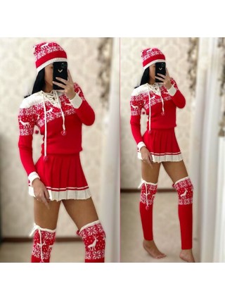 Compleu dama ieftin din tricot rosu minunat compus din rochie, caciula si jambiere Craciun cu snur