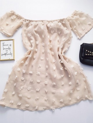 Rochie tip bluza de zi ieftina crem cu imprimeu iesit in relief