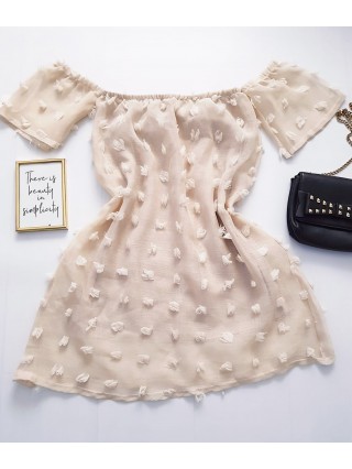 Rochie tip bluza de zi ieftina crem cu imprimeu iesit in relief
