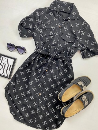 Rochie ieftina casual stil camasa scurta neagra cu cc si cordon in talie