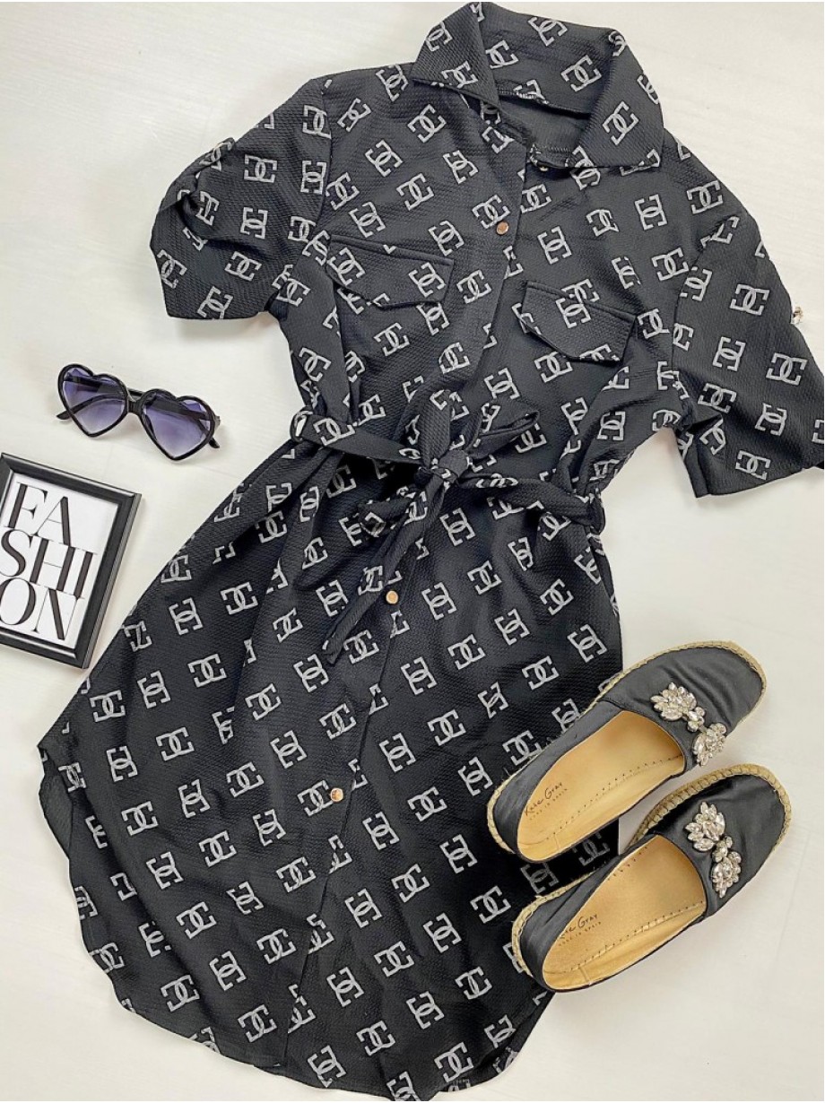 Rochie ieftina casual stil camasa scurta neagra cu cc si cordon in talie