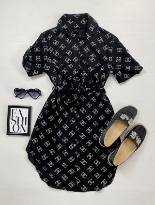 Rochie ieftina casual stil camasa scurta neagra cu cc si cordon in talie