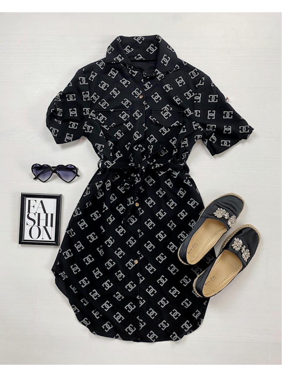 Rochie ieftina casual stil camasa scurta neagra cu cc si cordon in talie