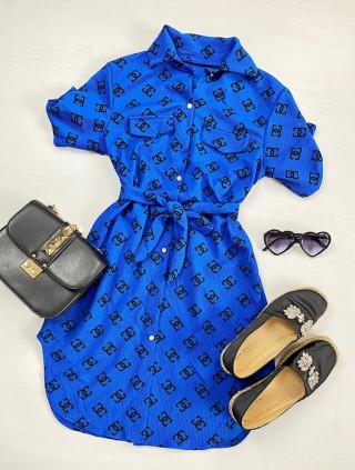 Rochie ieftina casual stil camasa scurta albastra cu cc si cordon in talie