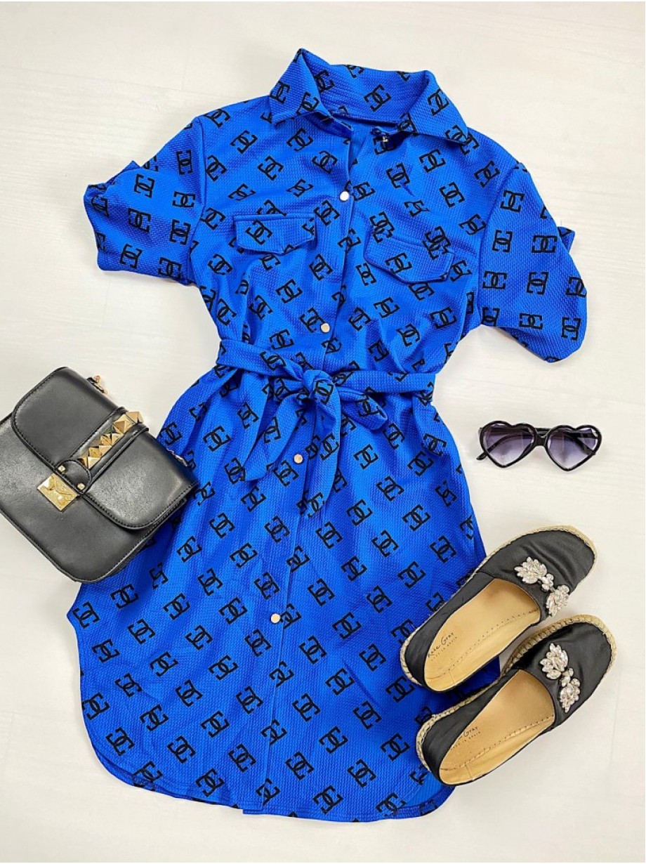 Rochie ieftina casual stil camasa scurta albastra cu cc si cordon in talie