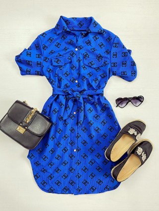 Rochie ieftina casual stil camasa scurta albastra cu cc si cordon in talie