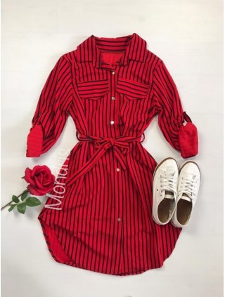 Rochie de zi ieftina rosie stil camasa cu imprimeu linii si cordon in talie
