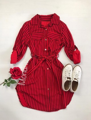 Rochie de zi ieftina rosie stil camasa cu imprimeu linii si cordon in talie
