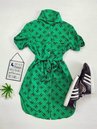 Rochie ieftina casual stil camasa scurta verde cu cc si cordon in talie
