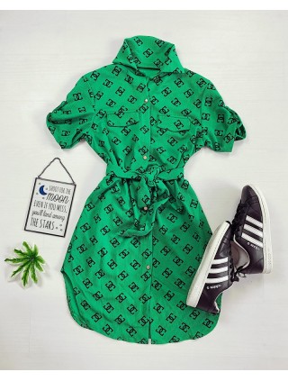 Rochie ieftina casual stil camasa scurta verde cu cc si cordon in talie