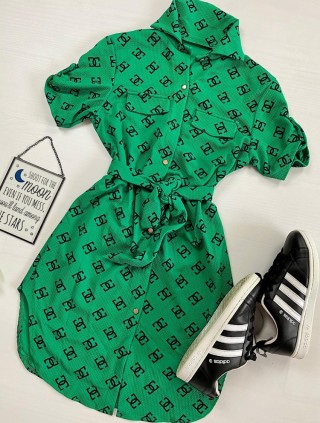Rochie ieftina casual stil camasa scurta verde cu cc si cordon in talie