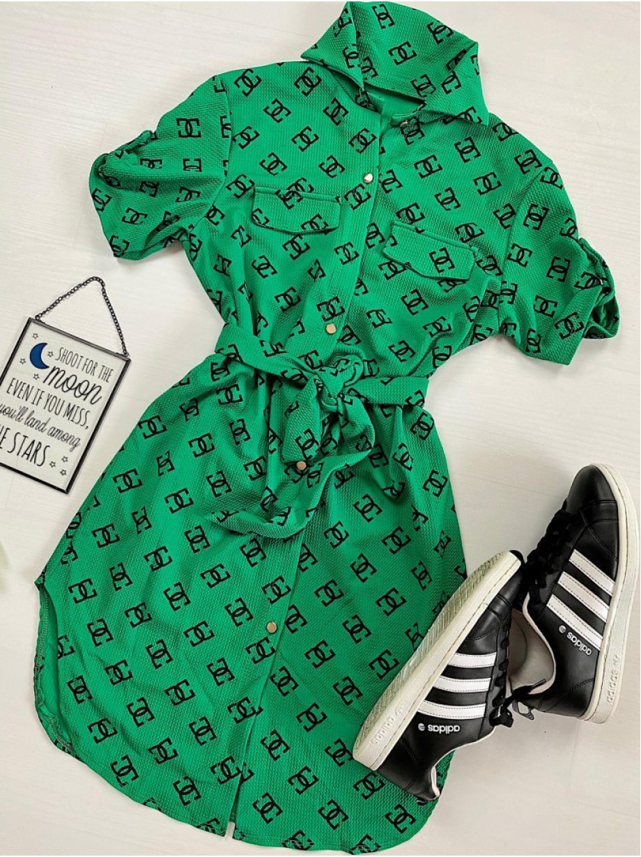 Rochie ieftina casual stil camasa scurta verde cu cc si cordon in talie
