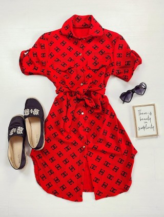 Rochie ieftina casual stil camasa scurta rosie cu cc si cordon in talie