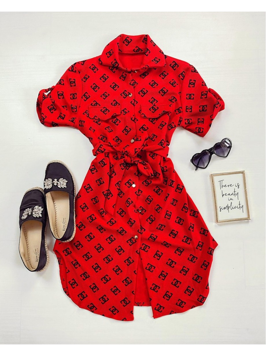 Rochie ieftina casual stil camasa scurta rosie cu cc si cordon in talie