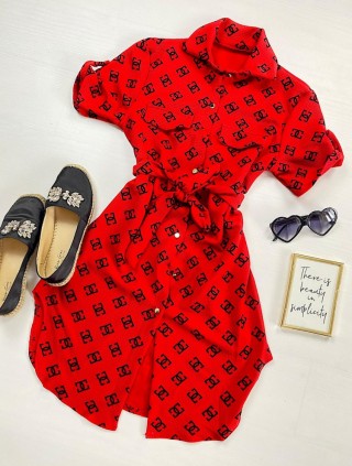Rochie ieftina casual stil camasa scurta rosie cu cc si cordon in talie