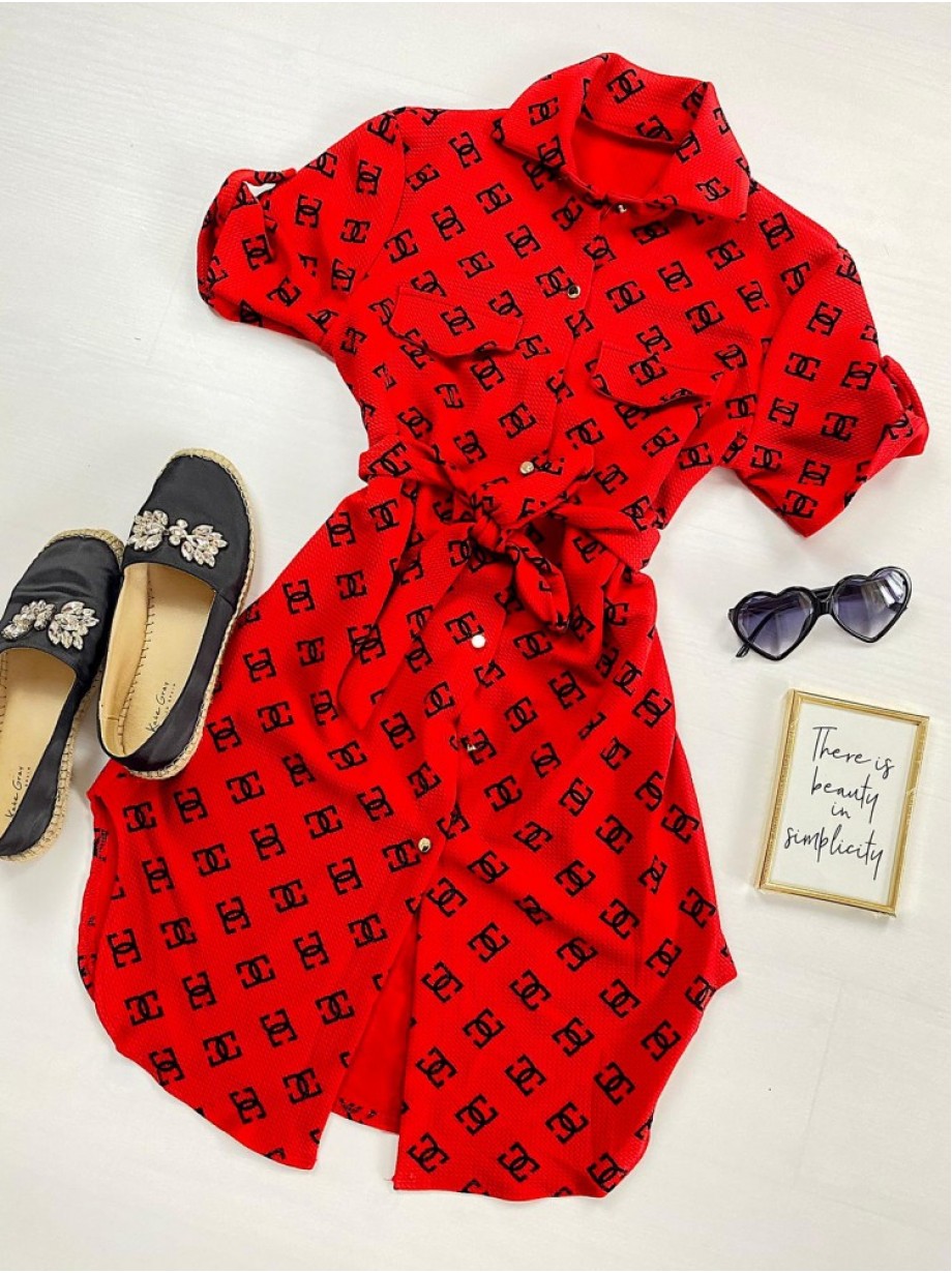 Rochie ieftina casual stil camasa scurta rosie cu cc si cordon in talie