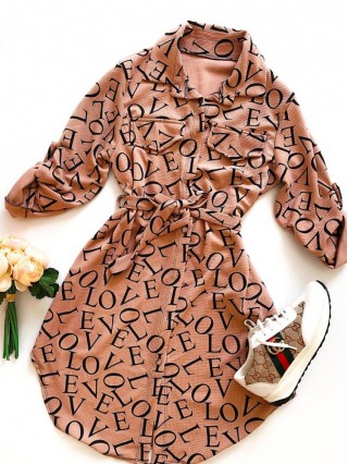  Rochie dama ieftina casual roz tip camasa cu imprimeu Litere