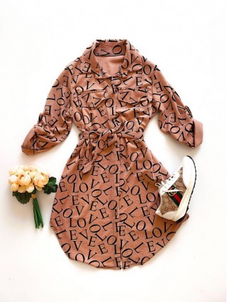 Rochie dama ieftina casual roz tip camasa cu imprimeu Litere