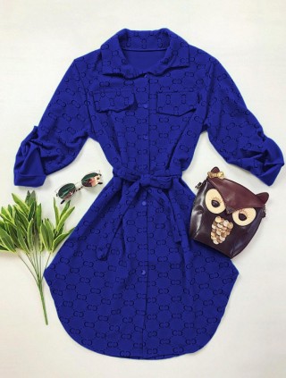 Rochie ieftina casual stil camasa albastra si cordon in talie cu imprimeu zale