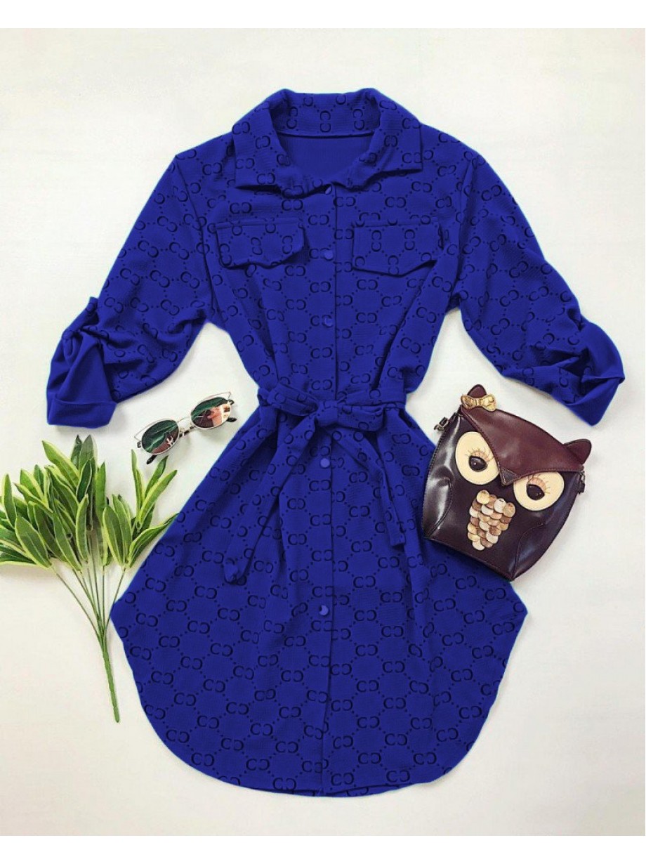 Rochie ieftina casual stil camasa albastra si cordon in talie cu imprimeu zale
