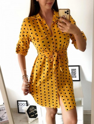 Rochie ieftina casual stil camasa galben cu puncte mari si cordon in talie