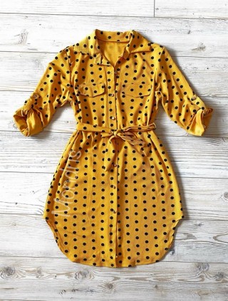 Rochie ieftina casual stil camasa galben cu puncte mari si cordon in talie