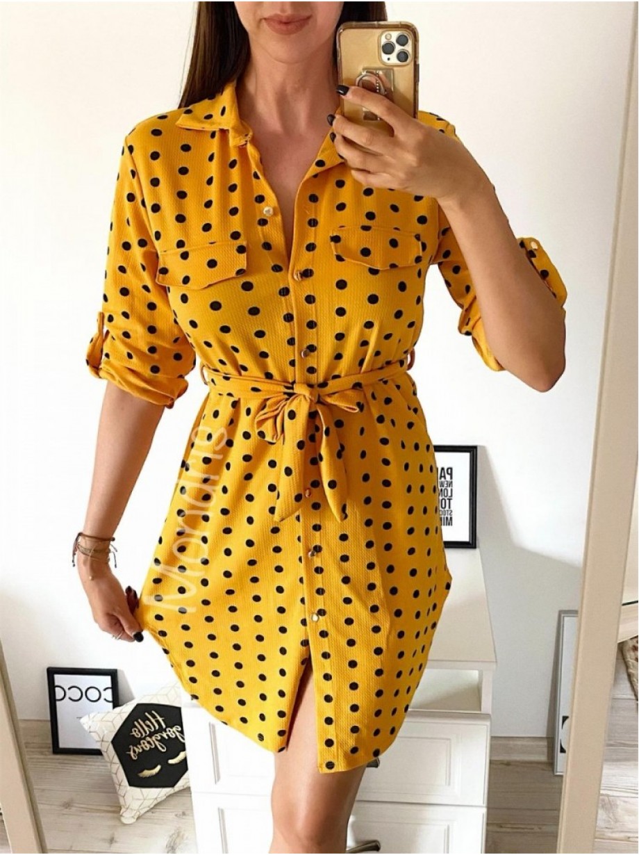 Rochie ieftina casual stil camasa galben cu puncte mari si cordon in talie