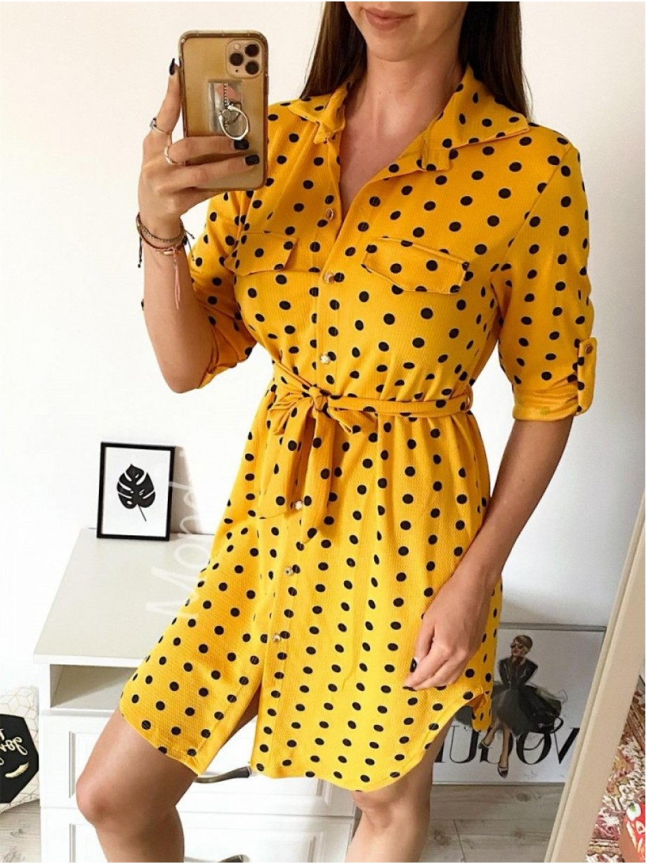 Rochie ieftina casual stil camasa galben cu puncte mari si cordon in talie