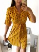Rochie ieftina casual stil camasa galben cu puncte mari si cordon in talie
