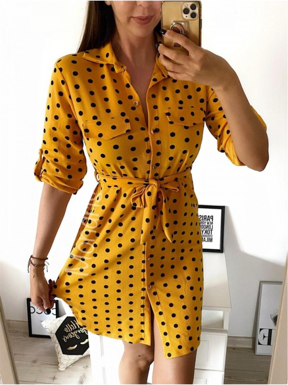 Rochie ieftina casual stil camasa galben cu puncte mari si cordon in talie