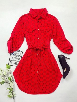 Rochie ieftina casual stil camasa rosie si cordon in talie cu imprimeu zale