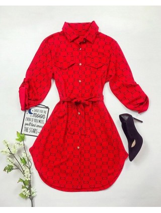 Rochie ieftina casual stil camasa rosie si cordon in talie cu imprimeu zale