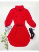 Rochie ieftina casual stil camasa rosie si cordon in talie cu imprimeu zale