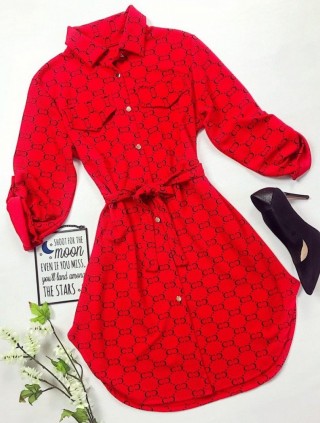 Rochie ieftina casual stil camasa rosie si cordon in talie cu imprimeu zale