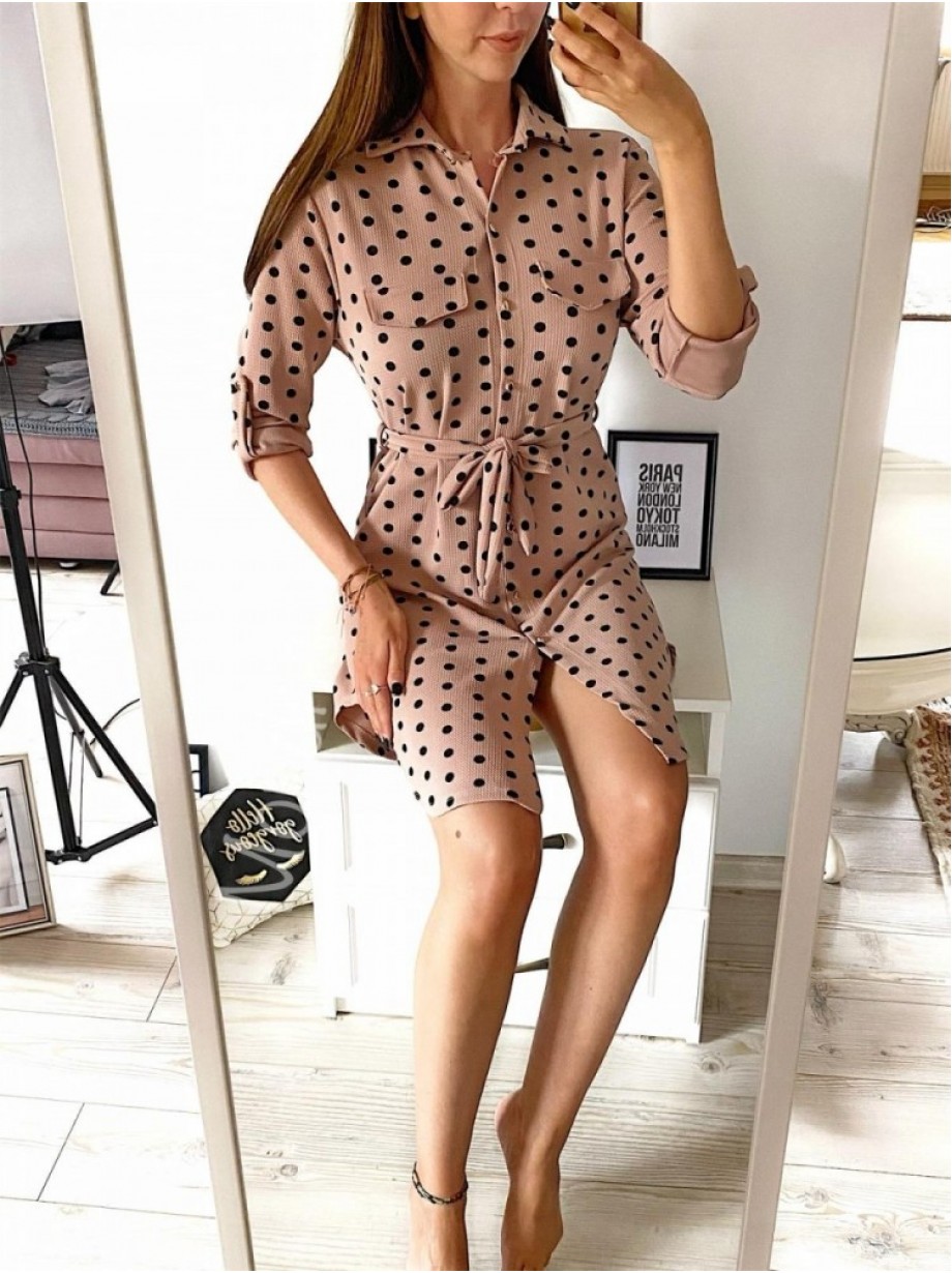 Rochie ieftina casual stil camasa roz cu puncte mari si cordon in talie