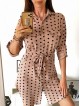 Rochie ieftina casual stil camasa roz cu puncte mari si cordon in talie