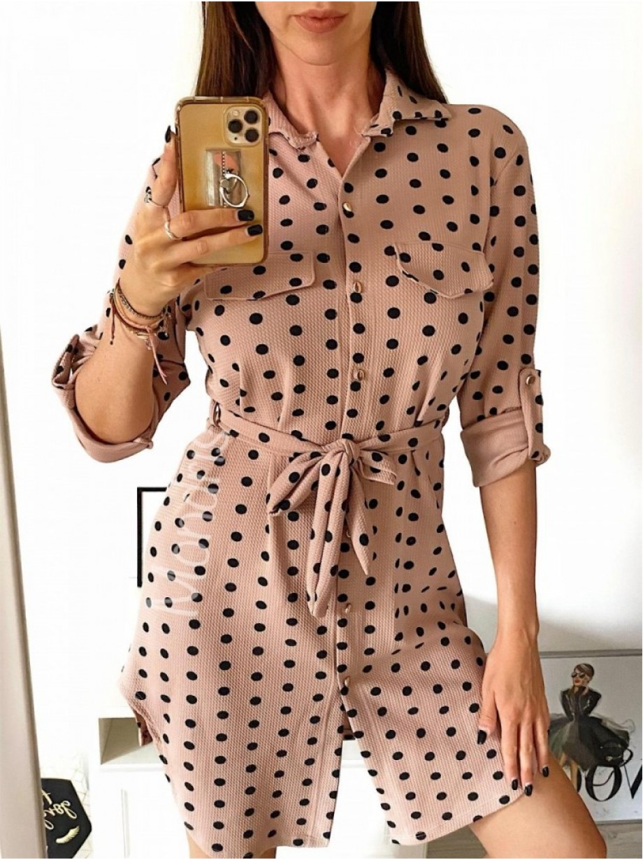 Rochie ieftina casual stil camasa roz cu puncte mari si cordon in talie
