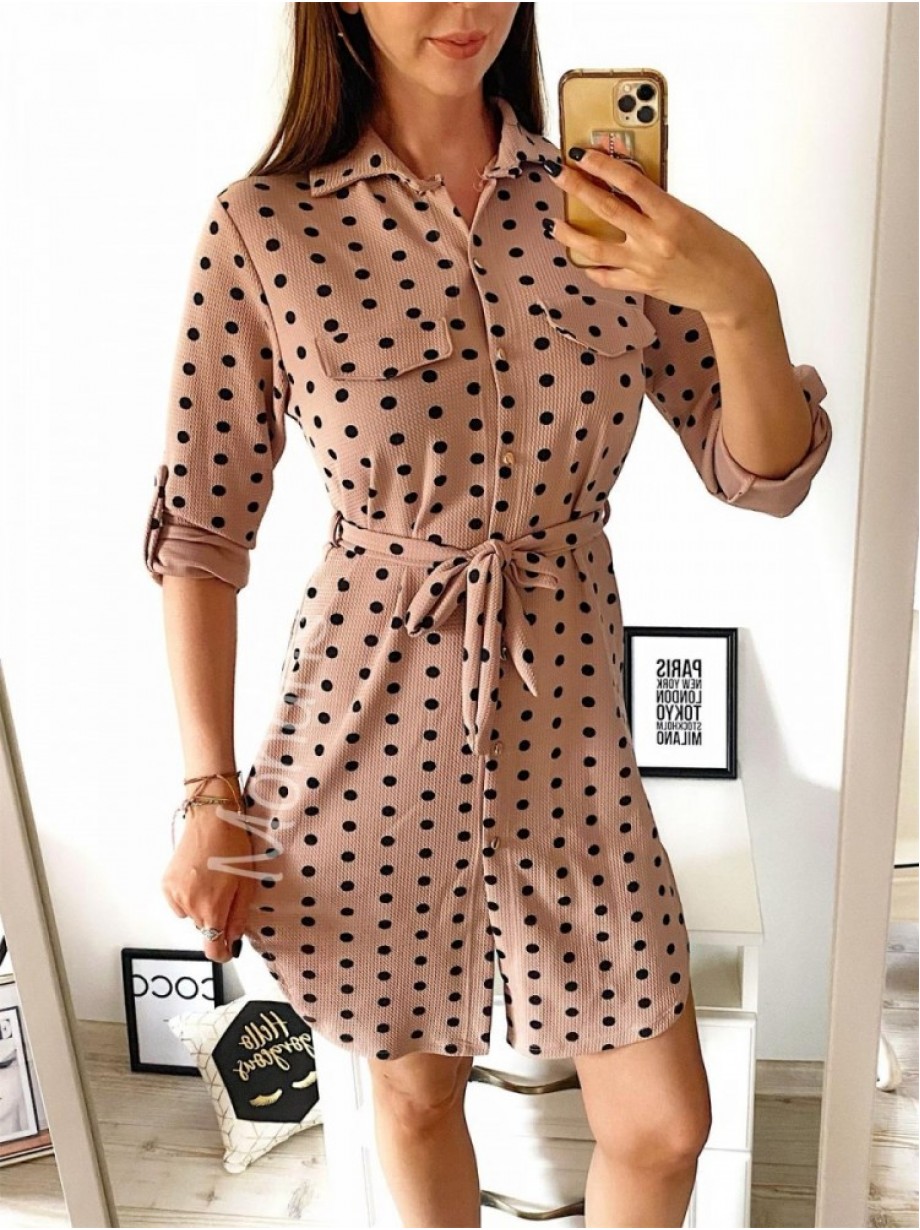 Rochie ieftina casual stil camasa roz cu puncte mari si cordon in talie