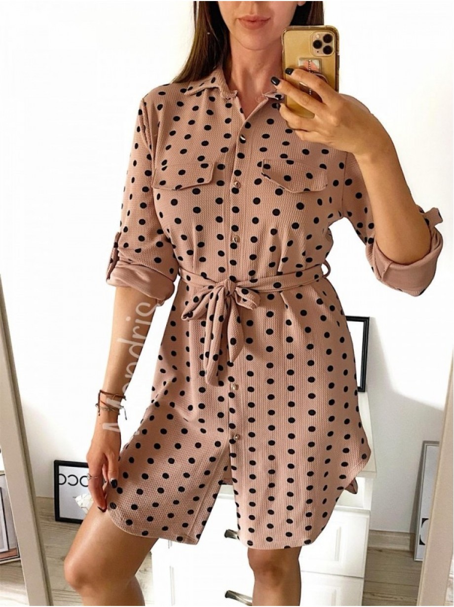 Rochie ieftina casual stil camasa roz cu puncte mari si cordon in talie