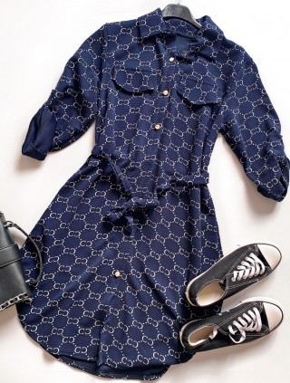 Rochie ieftina casual stil camasa bleumarin si cordon in talie cu imprimeu zale