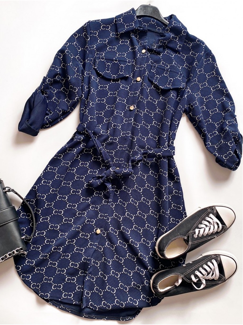 Rochie ieftina casual stil camasa bleumarin si cordon in talie cu imprimeu zale
