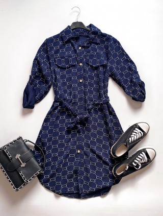 Rochie ieftina casual stil camasa bleumarin si cordon in talie cu imprimeu zale