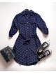Rochie ieftina casual stil camasa bleumarin si cordon in talie cu imprimeu zale