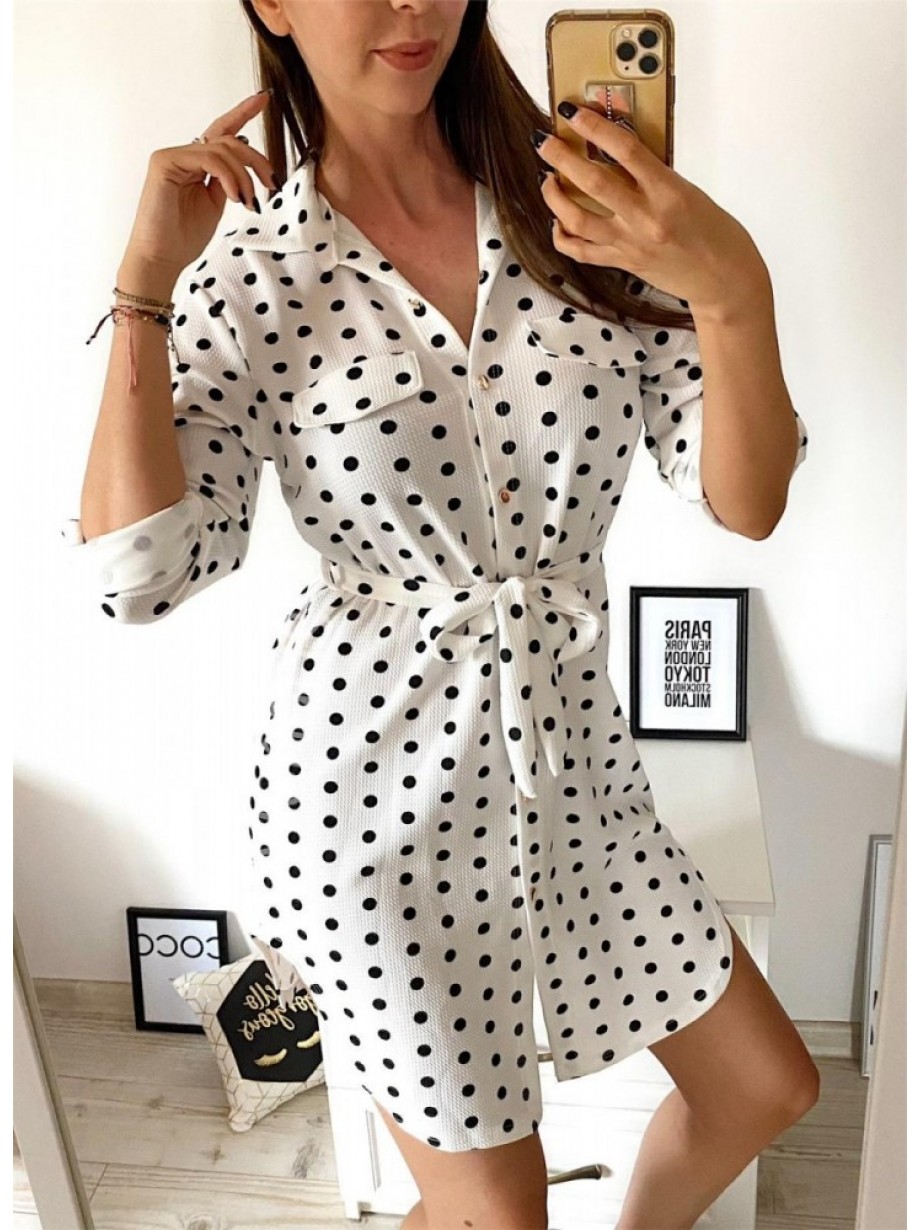 Rochie ieftina casual stil camasa alba cu puncte mari si cordon in talie