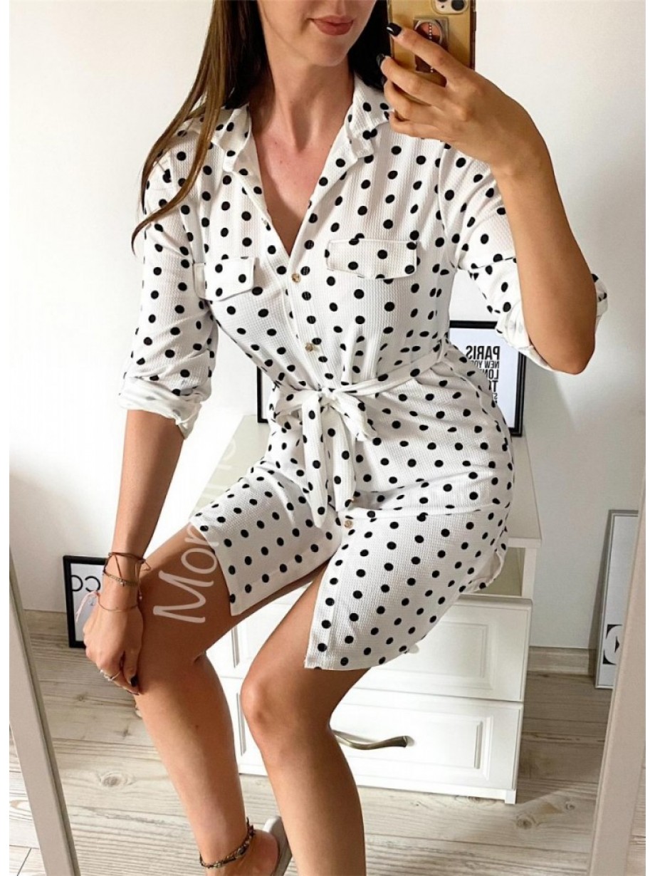 Rochie ieftina casual stil camasa alba cu puncte mari si cordon in talie