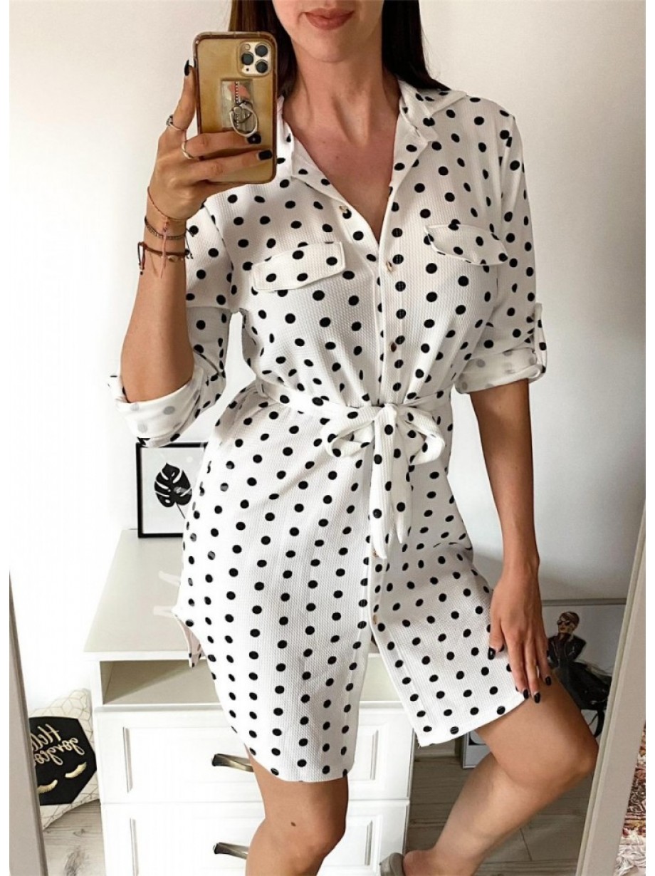 Rochie ieftina casual stil camasa alba cu puncte mari si cordon in talie