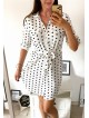 Rochie ieftina casual stil camasa alba cu puncte mari si cordon in talie